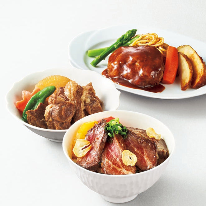 AA050443〈松尾牧場〉牛角煮・ステーキ丼・ハンバーグ詰合せ