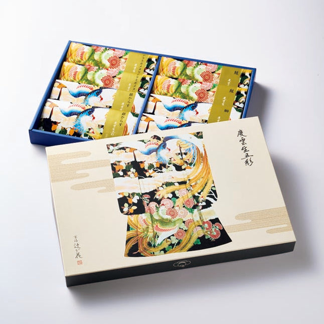 051403京都国立近代美術館　限定ギフト〈京洛　辻が花〉一越縮緬地鳳凰桐文振袖（ひとこしちりめんじほうおうきりもんふりそで）　レンジで柚香西京漬詰合せ